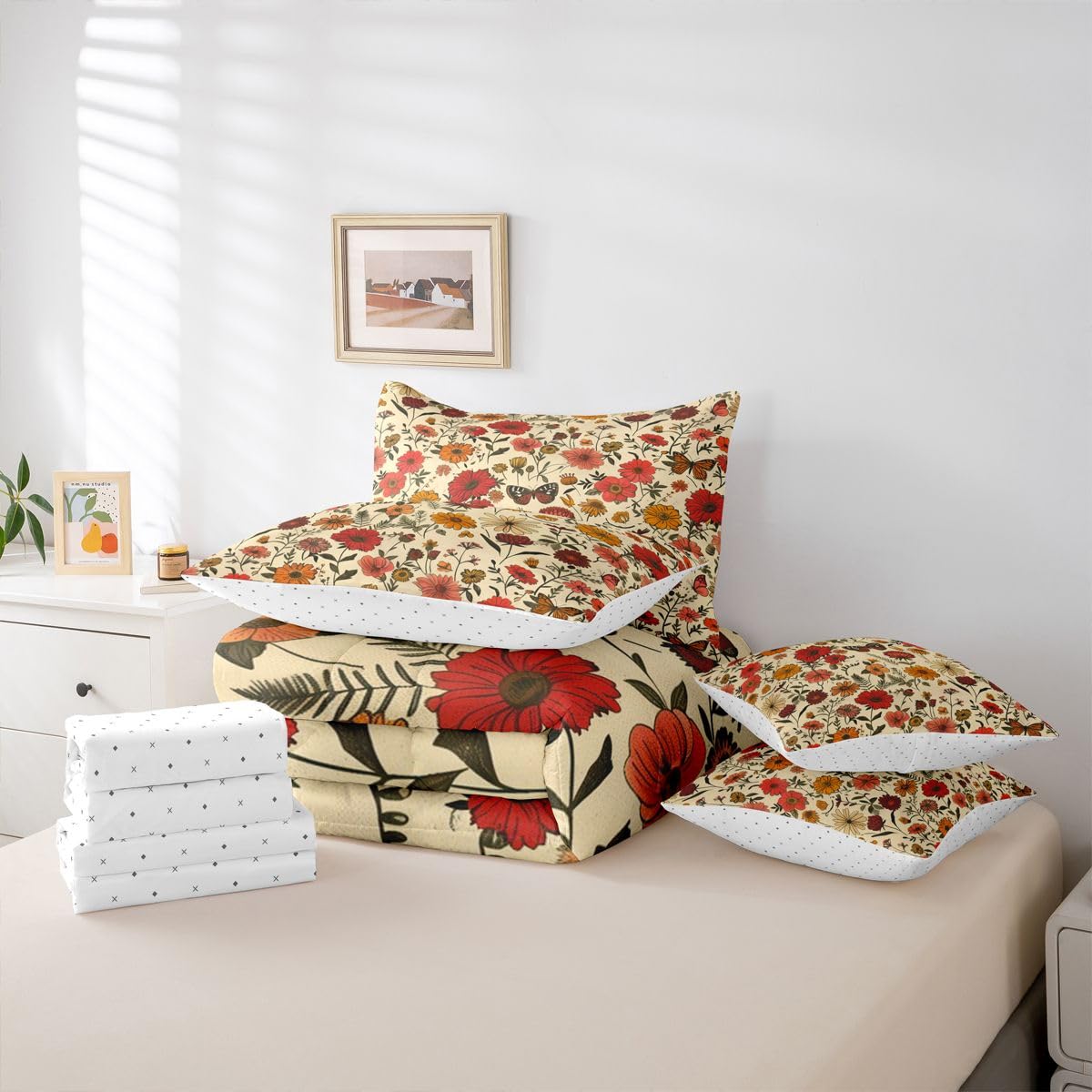 Erosebridal Daisy 7 Piece Bedding Set Queen Butterfly Comforter Set with Sheets Lily of The Valley Floral Theme Bed in a Bag Cute Hand Drawn Flower Butterfly for Kids Boys Girls