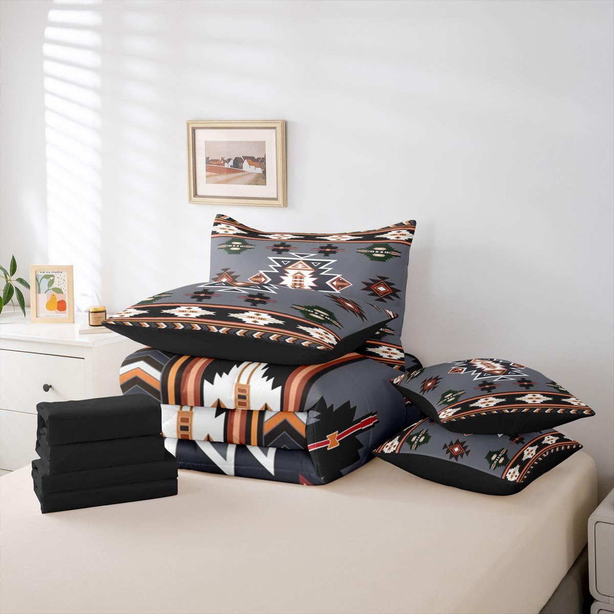 Erosebridal Western Comforter Set 7 Piece Bed in a Bag Twin | Bohemian Decor Geometric Bedding Sets Boho Aztec Comforter and Sheet Set, Ethnic Tribal Arrow Bed Sets,Grey