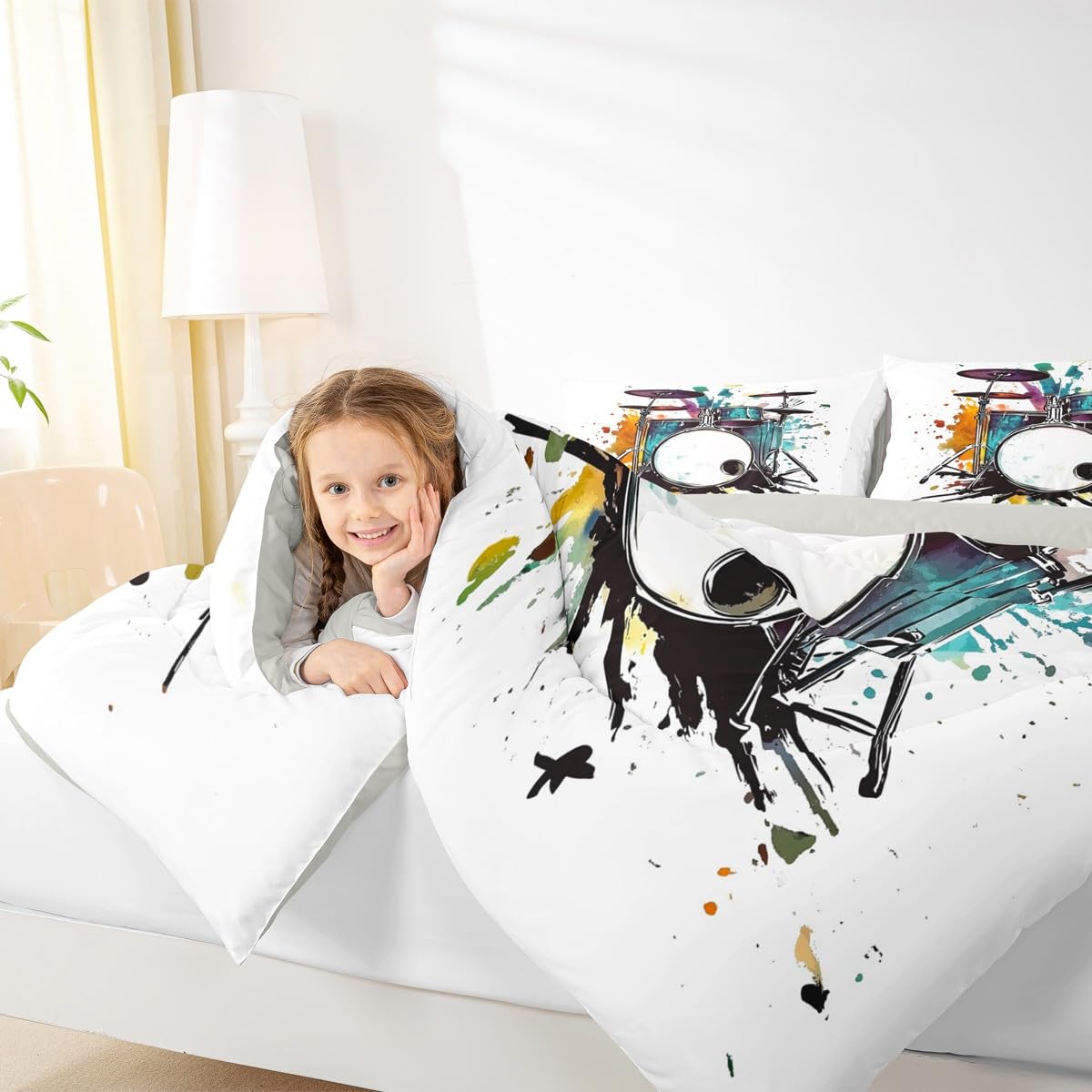 Erosebridal Drum Kit Kids Comforter Sets Rock Music Instrument Queen Bedding Set for Boys Girls Watercolor Drum Kit Comforter Set,Music Theme Quilt Duvet 3 Pcs