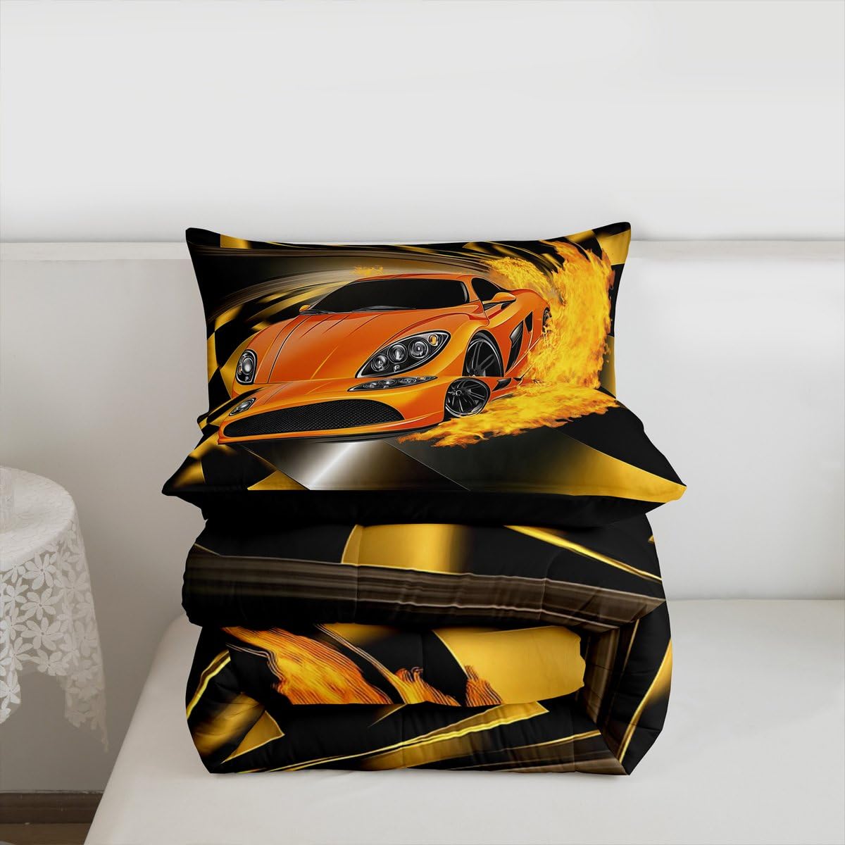 Erosebridal Boys Race Car Comforter Set, Cool Speed Sports Car Bedding Set Twin Size for Kids Teens Adult Men, Extreme Sport Quilted Duvet Automobile Checkered Duvet Sets for Bedroom