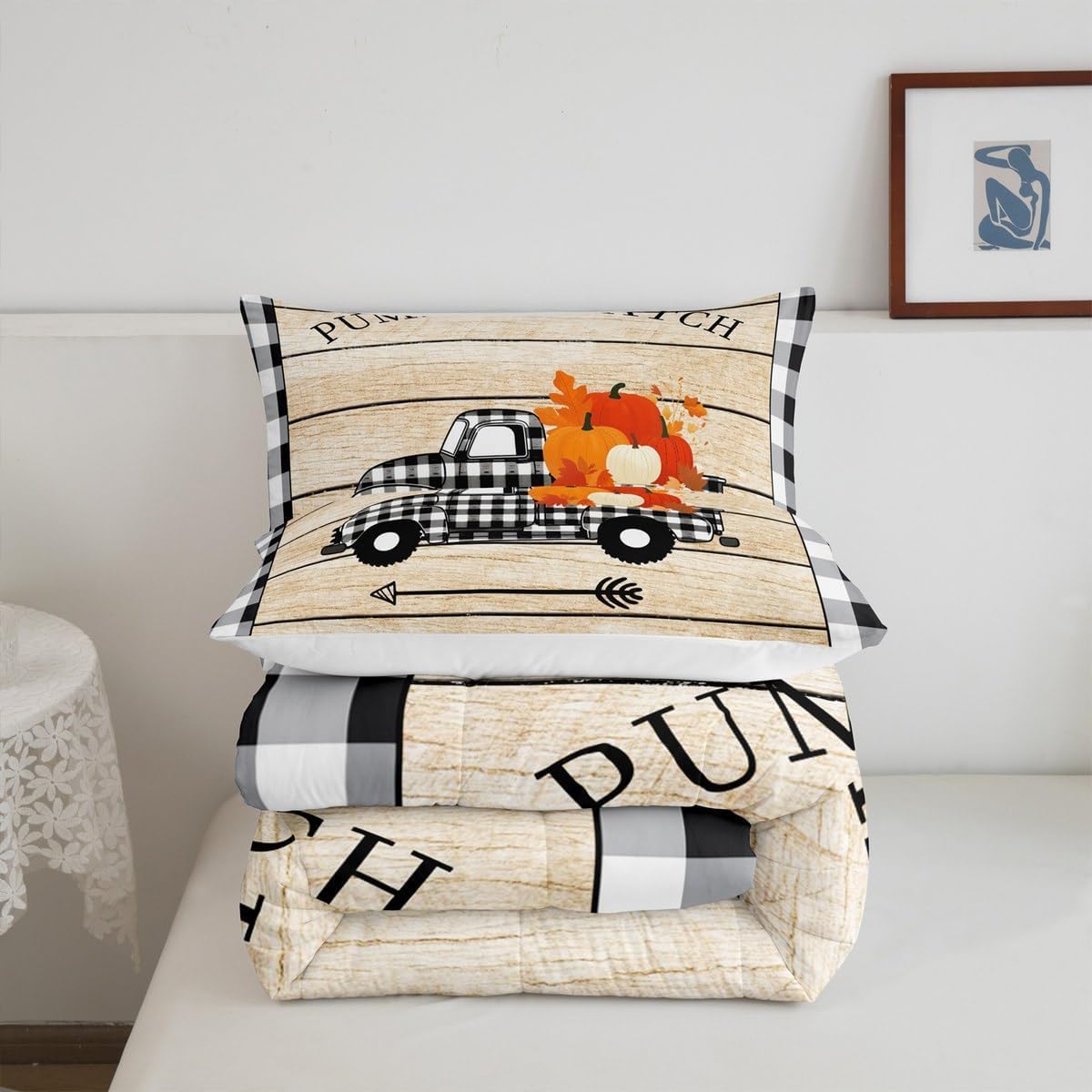 Homewish Pumpkin Grid Truck Bedding Set Queen Size,Rustic Farmhouse Comforter Set Kids Boys Girls Room Decor,Autumn Plants Themed Quilt Set Halloween Style Duvet Insert 3pcs with 2 Pillowcases