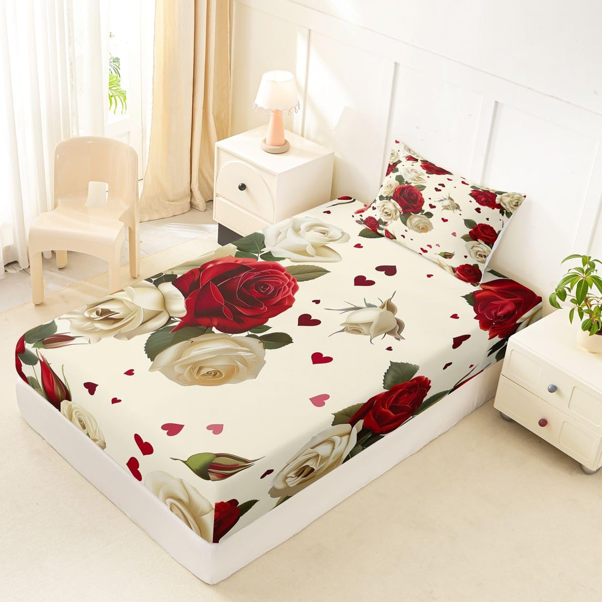 Erosebridal Red White Rose Bed Sheets Set Twin Farmhouse Floral Leaf Sheet Set Vintage Luxury Roses Sheets Romantic Flowers Flat Fitted Sheet