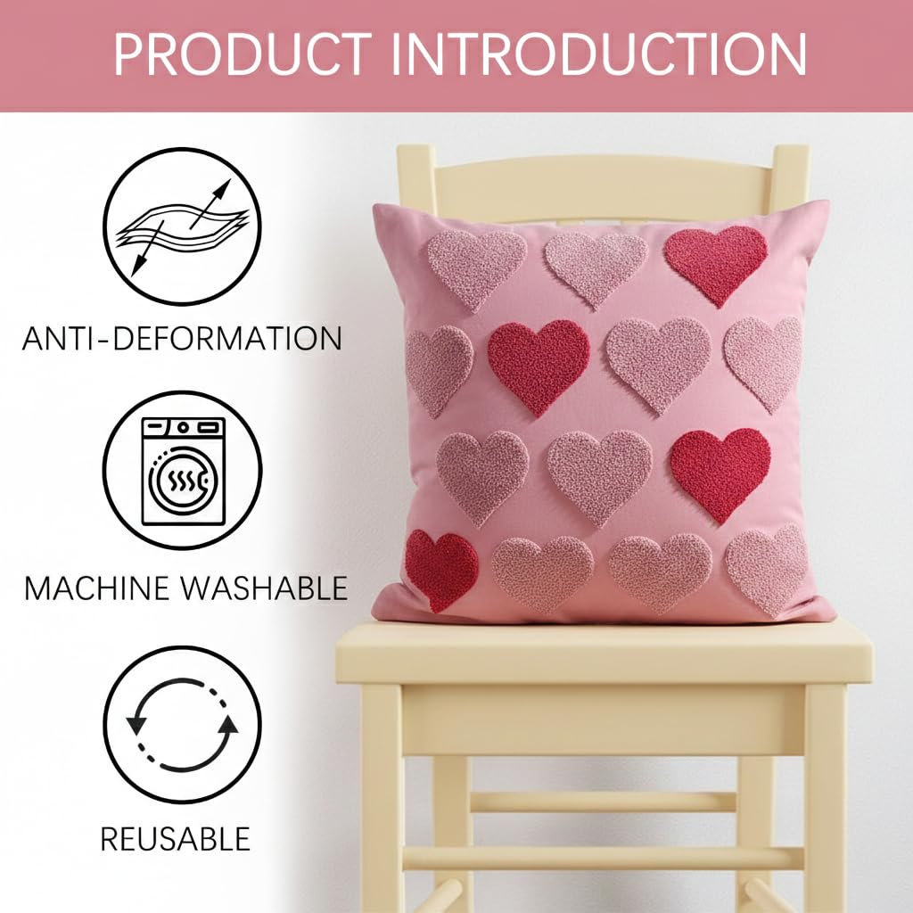 Fjfz Valentines Day Throw Pillow Covers 18 x 18 Inch Set of 2, Valentines Day Decorations Soft Plush Faux Fur Pink Love Hearts Home Decor, Bedroom Living Room Sofa Wedding Couch Cushion Case