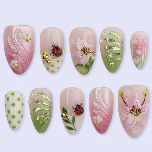 Hand-Painted Lily Press on Nails, Medium Almond Pink Green Fake Nails with Ladybug & Gold Beads Designs, Spring Floral False Nails with Nail Glue Tabs - 30Pcs Nail Kit for Women Manicure