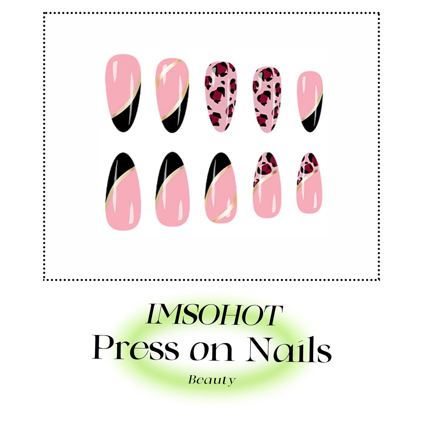 IMSOHOT Press on Nails Almond Medium, Brown Leopard Print Fake Nails Set, Glossy Full Cover Acrylic Glue on False Nails for Women 24Pcs Fall French Manicure