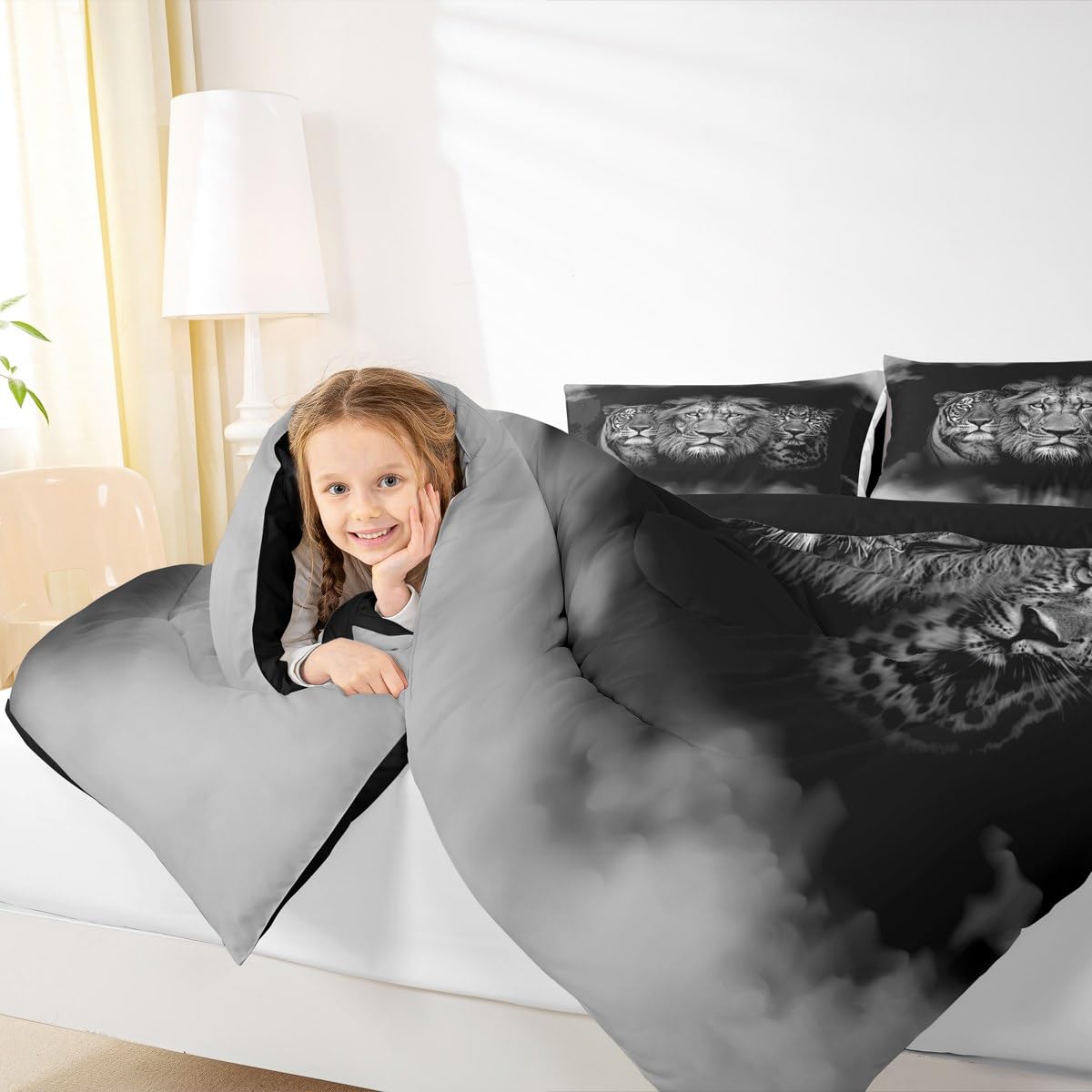 Wild Animals Comforter Set Queen Size Tiger Lion Leopard 3D Bedding Set 3pcs for Kids Boys Men Home Room Decor,Black White Smog Quilt Set Modern Microfiber Duvet Insert with 2 Pillowcases