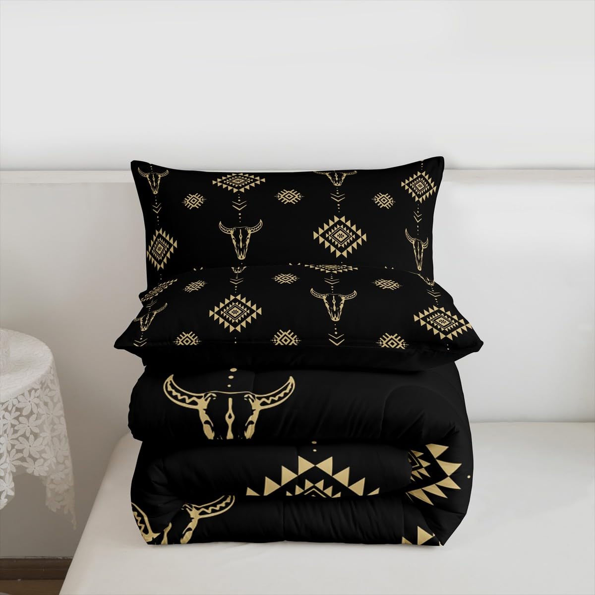 Castle Fairy Cow Skull Bed Comforter Set Queen Size,Aztec Bohemia Tribal Exotic Super Soft Microfiber Bedding Set for Girls Boys,Western Cowboy Black Gold Decorative Quilter Set 3 Pcs