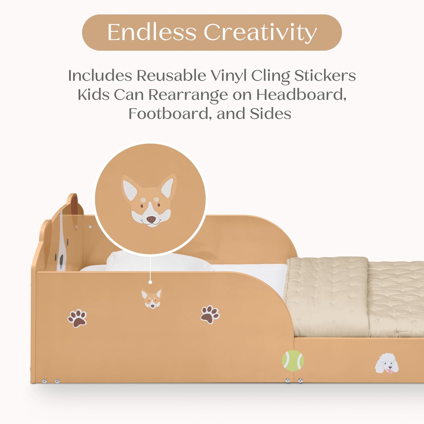 Delta Children Puppy Wood Floor Toddler Bed with Reusable Stickers, Brown