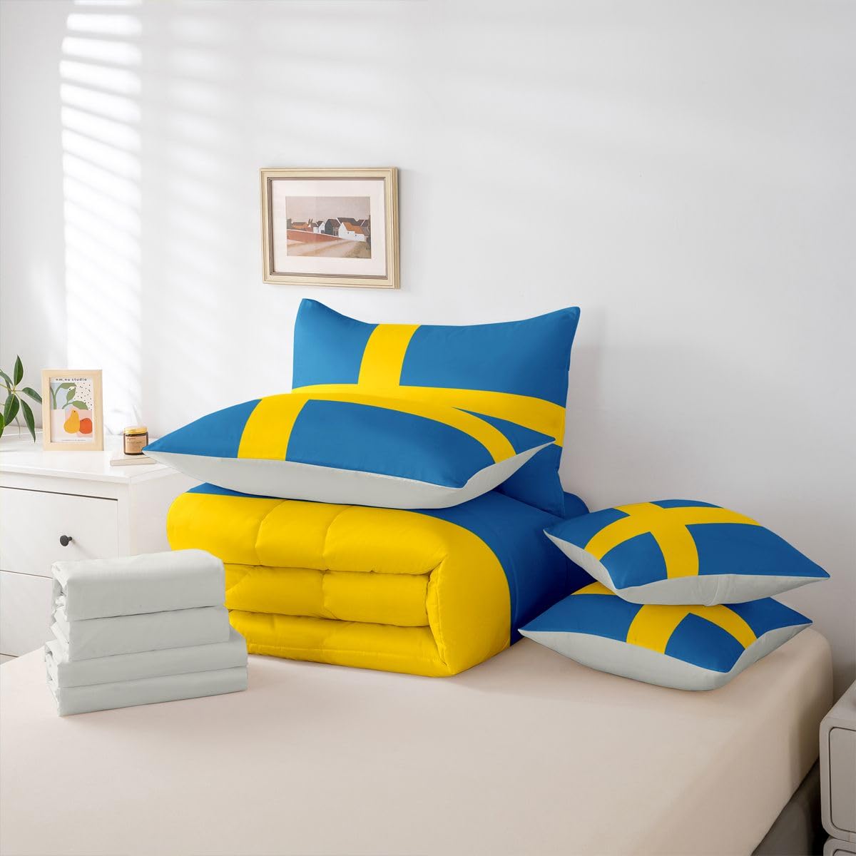 Feelyou Swedish Flag Comforter Set King Size 7 Pieces Sweden‌ Bedding Set for Kids Boys Girls World Countries Bed in a Bag with Sheets Bedroom Decor All Season Quilted Breathable Soft Lightweight