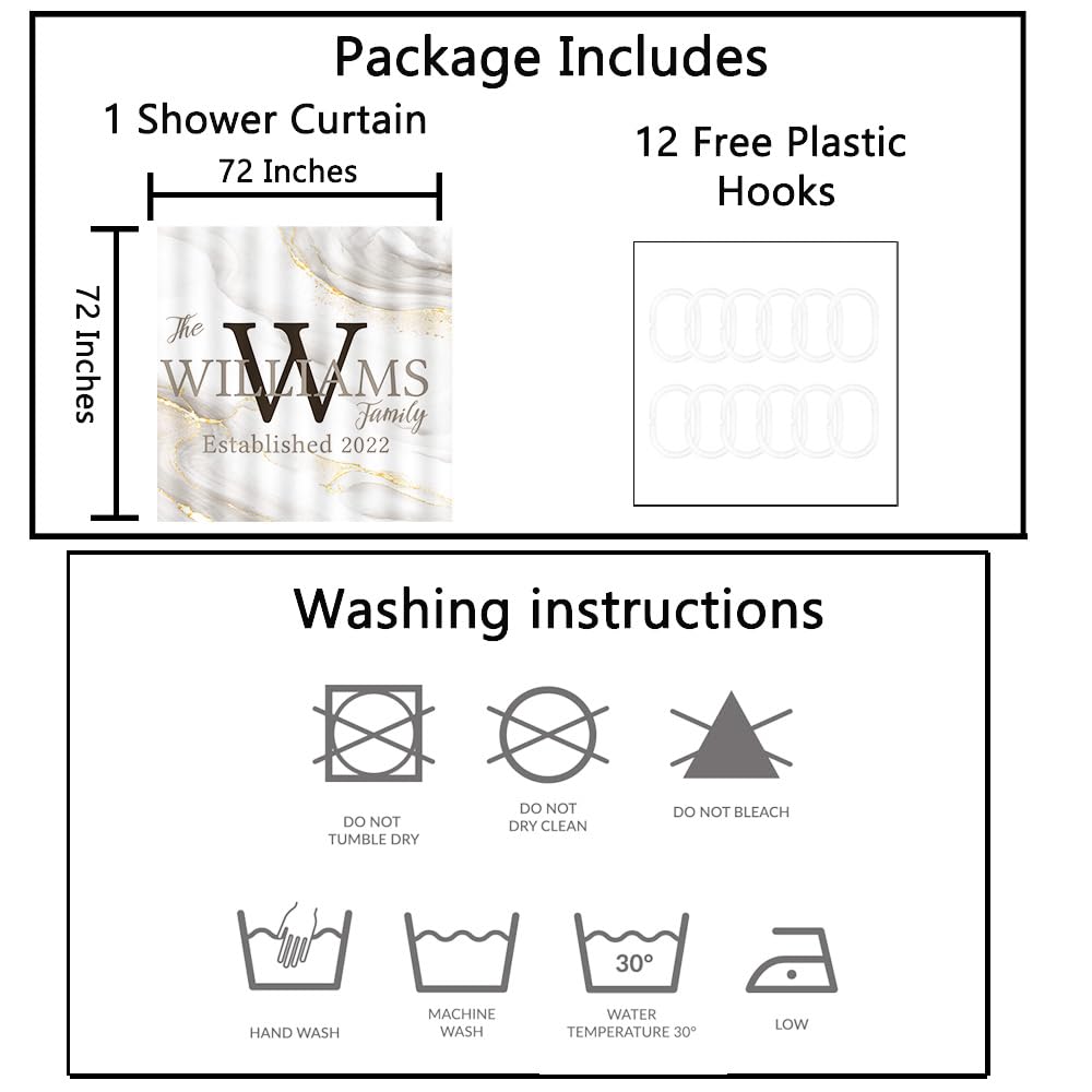 iLOOKLiKE Abstract Marble Shower Curtain Personalized Family Last Name Custom Monogram Grey Jade Texture Gold Stripes Bathroom Curtain Set Modern Durable Fabric Polyester 72x72inch with Hooks