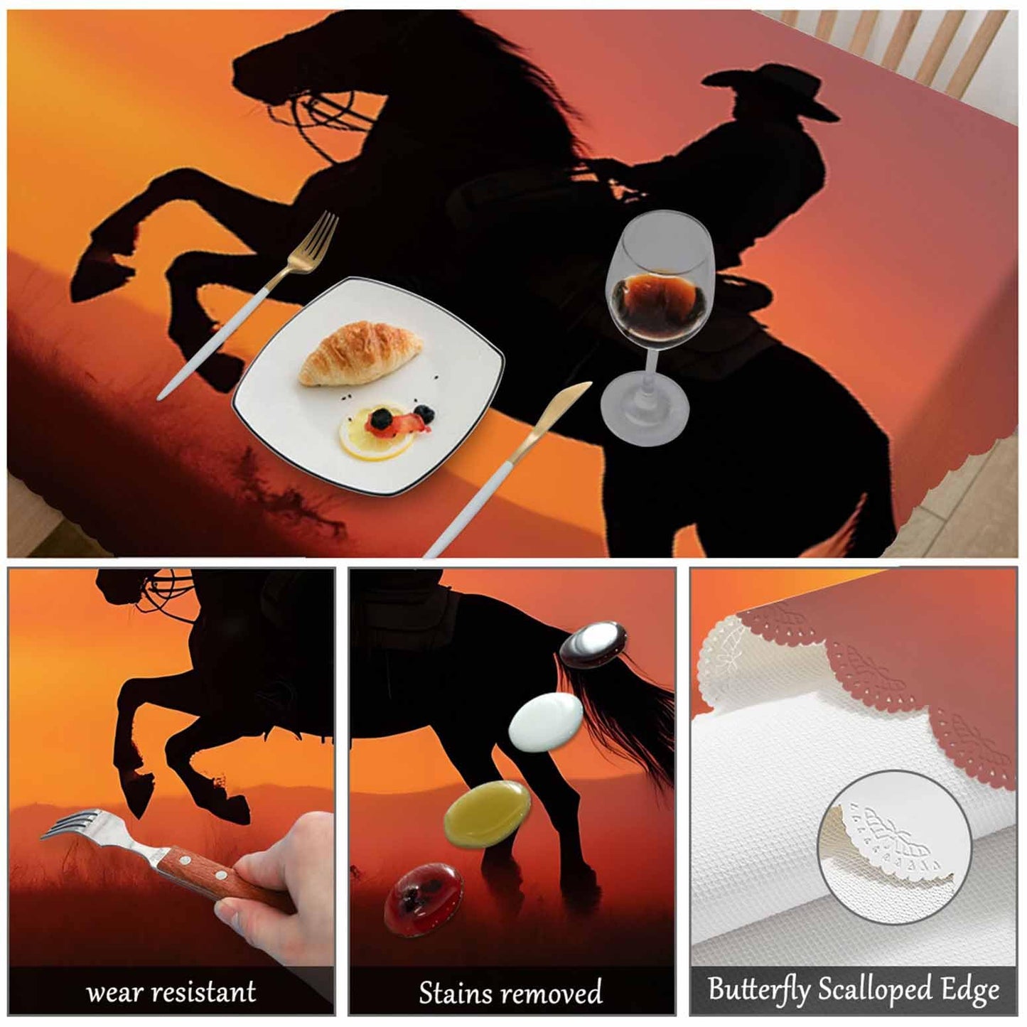 Swono Rectangle Tablecloth Cowboy Table Cover 52x70 Inch Western Cowboy Horse Sunset Ranch Heavy Duty Table Cloth for Rectangle Tables Decorative Tablecloth for Dining Party Camping BBQ
