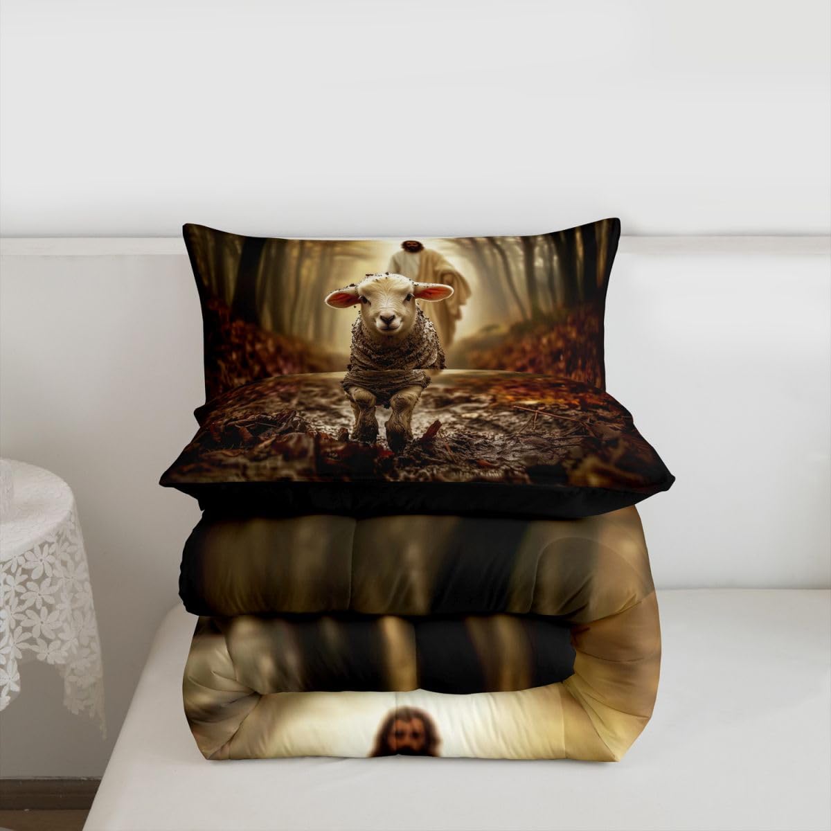 Manfei Western Kids Comforter Set Twin Size,God Running After Lost Lamb Bedding Set Boys Girls Room Decor,Spiritual Bible Verse Quilt Comforter,Brown Duvet Set Bedroom Quilt Set,1 Pillowcase