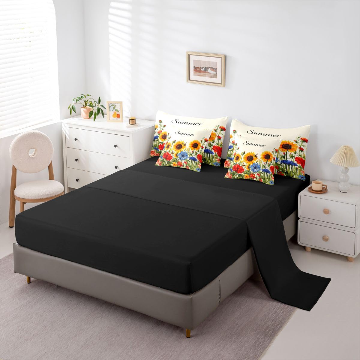 Erosebridal Sunflower & Wildflower Queen Bedding Set Aesthetic Bright Floral Comforter Set with Flat and Fitted Sheet Girls Women Cute Summer Bee 7-Piece Bed in a Bag Vibrant Garden Art Quilt Sets