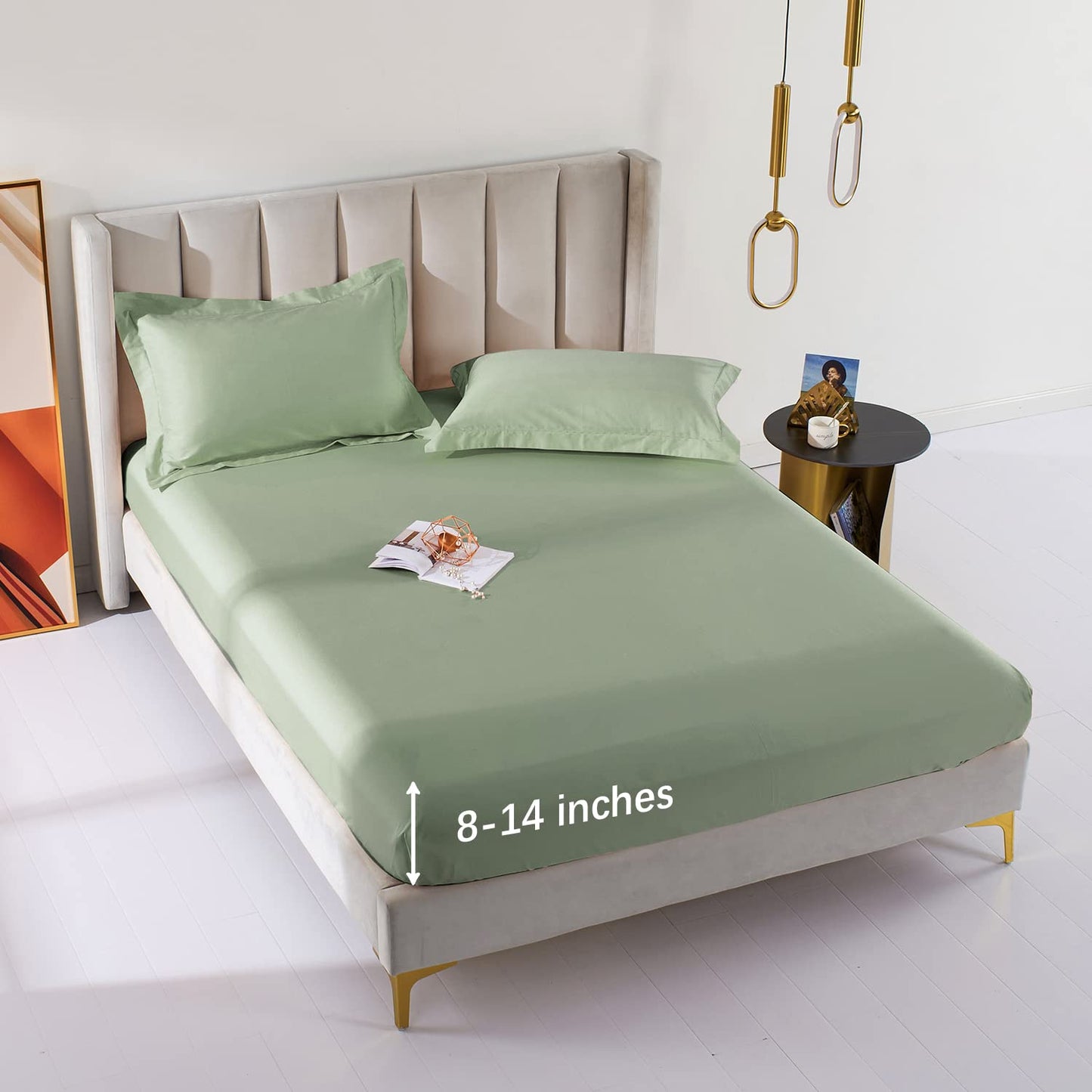 MILDLY Deep Pocket Fitted Sheet Only Queen Size 60"x80" 100% Long Staple Cotton Tea Green Breathable Bottom Sheet Fits Up to 14" Deep Mattress