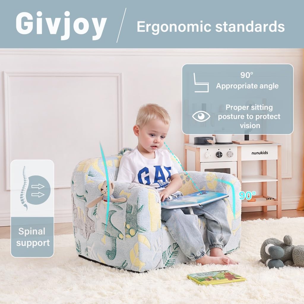 Givjoy Toddler Chair Plush Kids Couch, Comfy Glow in The Dark Dinosaur Chair with Removable and Washable Cover Carrying Handle Kids Sofa, Convertible Toddler Couch for Playroom Girls and Boys Green