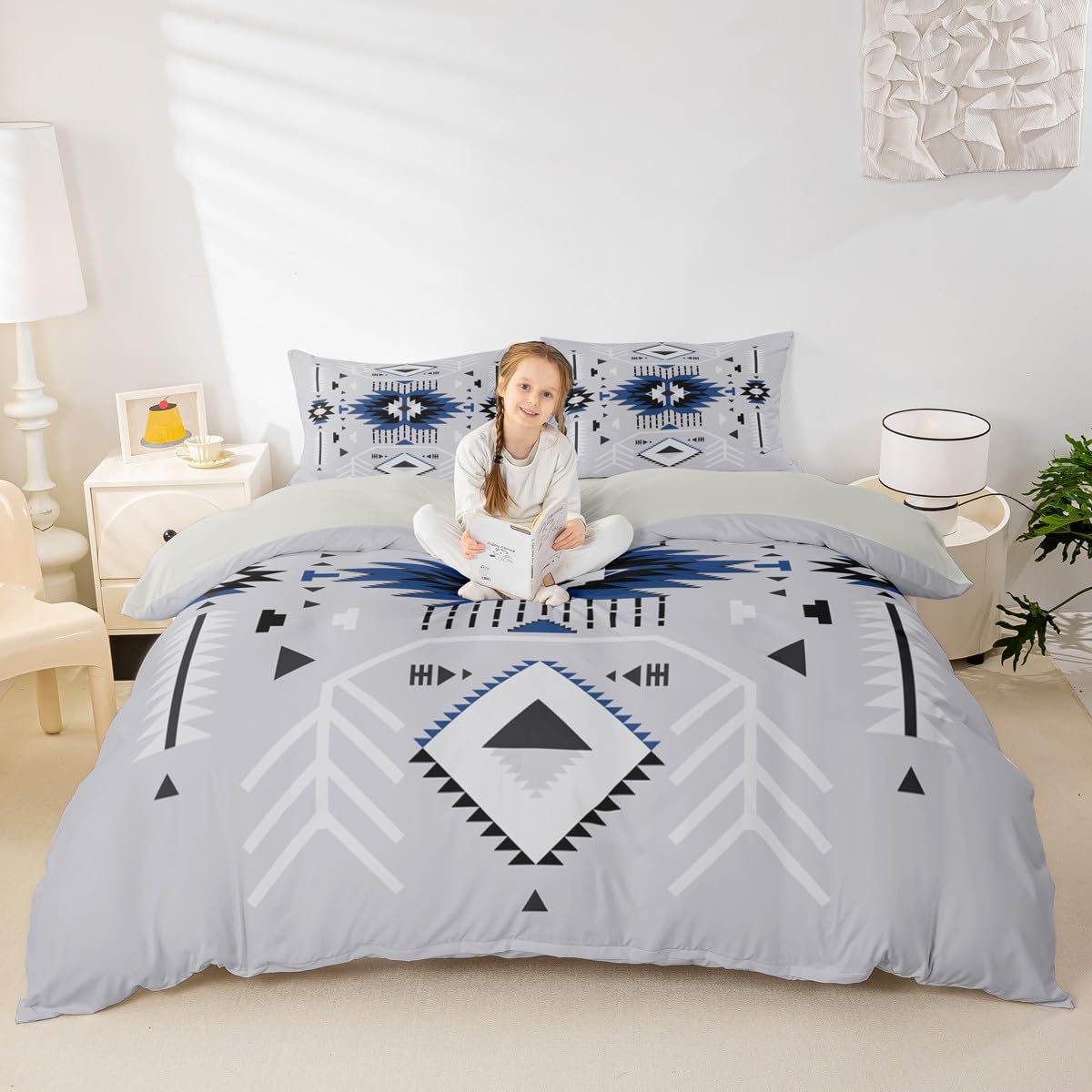 Southwest Bedding Set Grey Duvet Cover Set King Size Adults Rustic Geometric Arrow Abstract Comforter Cover 3pcs for Kids Girls Boys Men Room Decor Indian Tribal Themed Quilt Cover,2 Pillowcases