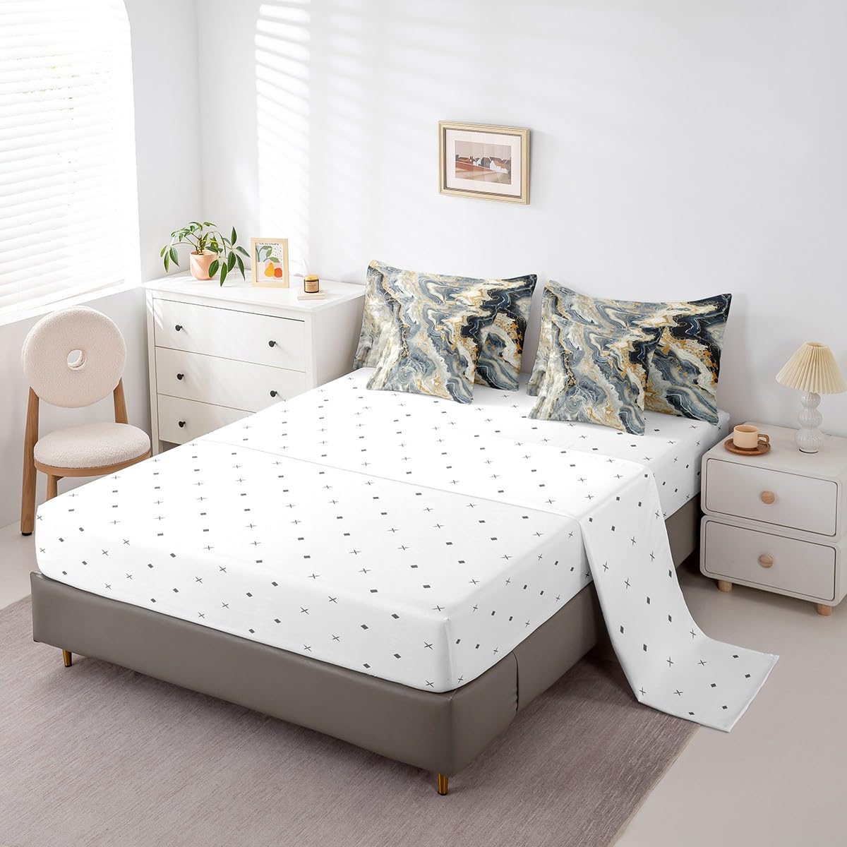 Erosebridal Marble 7 Pcs Comforter Set Queen Size Ink Fluid Bedding Modern Marbling Art Bed in A Bag for Kids Adults Luxury Stone Liquid Blue Gold Abstract Bed Set