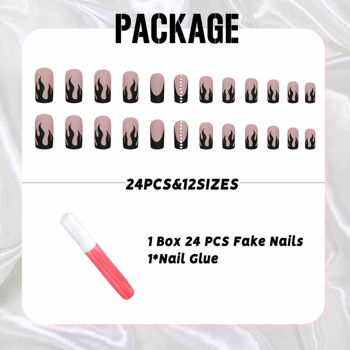 IMSOHOT Matte Square Press on Nails Medium Black Flame French Tips Fake Nails with Rhinestone Designs Full Cover Cool Glue on Nails Nude Squoval Acrylic False Nails 24Pcs