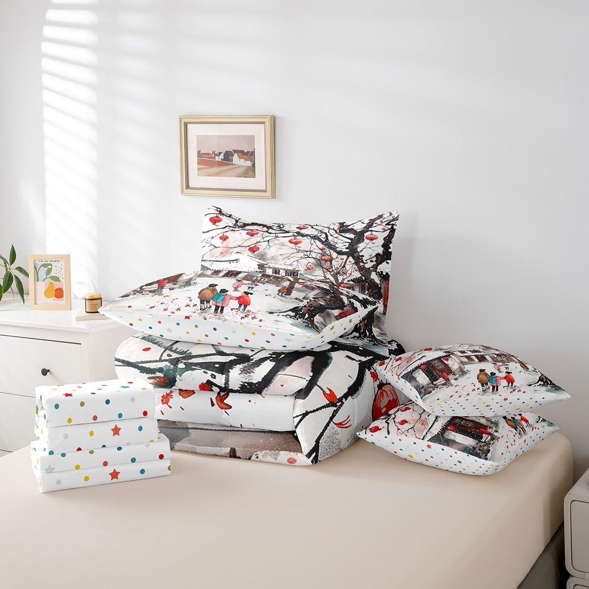 Erosebridal Festival Lantern Bedding Set King Size, Winter Trees Buildings Comforter Set, Chinese Style Kids Teens (Comforter+Fitted+Flat Sheet+2 Pillowcases+2 Throw Pillow Covers) 7 Pieces Bed Set