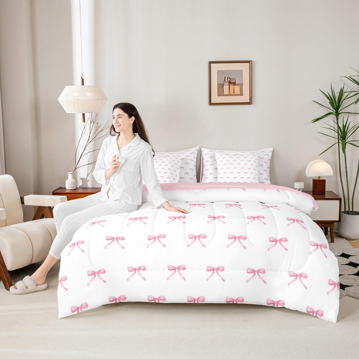 Erosebridal 7 Pieces Pink Bow Comforter King,Kids Cartoon Bowknot Butterfly Knot Princess Bedding Set for Girls,Dreamy Watercolor Ribbons Bow Tie Sheets with Pillowcases + Pillow Covers,Pink White