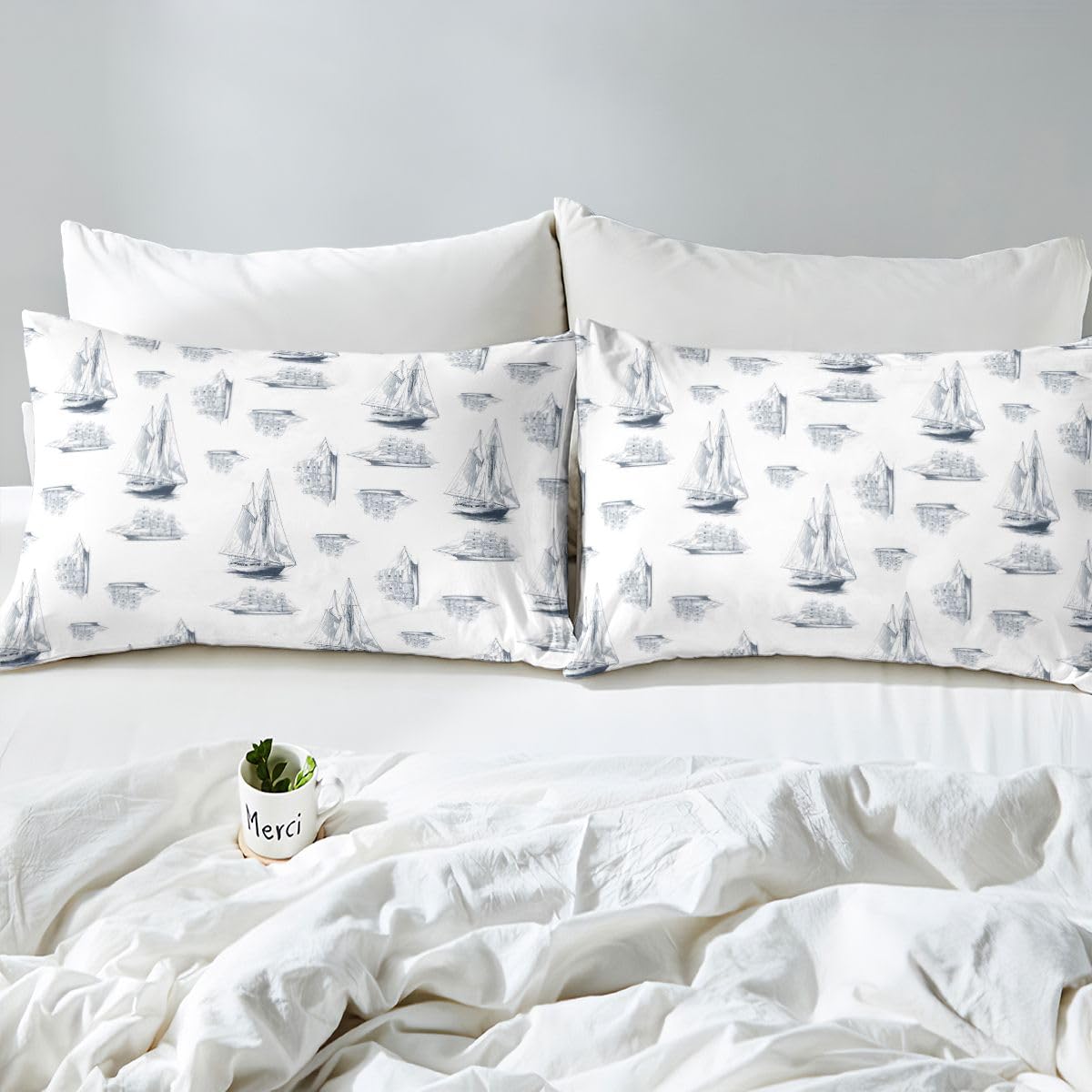 Feelyou Natural Bed Sheets Set Full Size Coastal Sheet Set for Kids Boys Girls Decor Beach Theme Sheets with Deep Pocket Fitted Sheet Boat Print Blue and White Bedding Set Bedroom