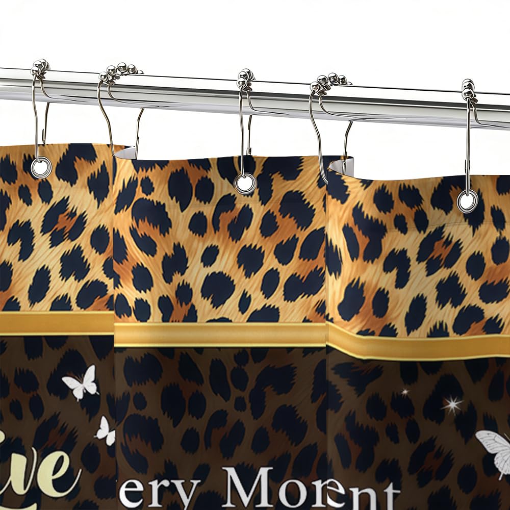 Waitaikong 4Pcs Live Laugh Love Leopard Print Shower Curtain Set, Glam Animal Print with Gold Bow Motivational Quote Bathroom Decor, Waterproof Fabric Bath Set with 12 Stainless Steel Hooks, 72x72