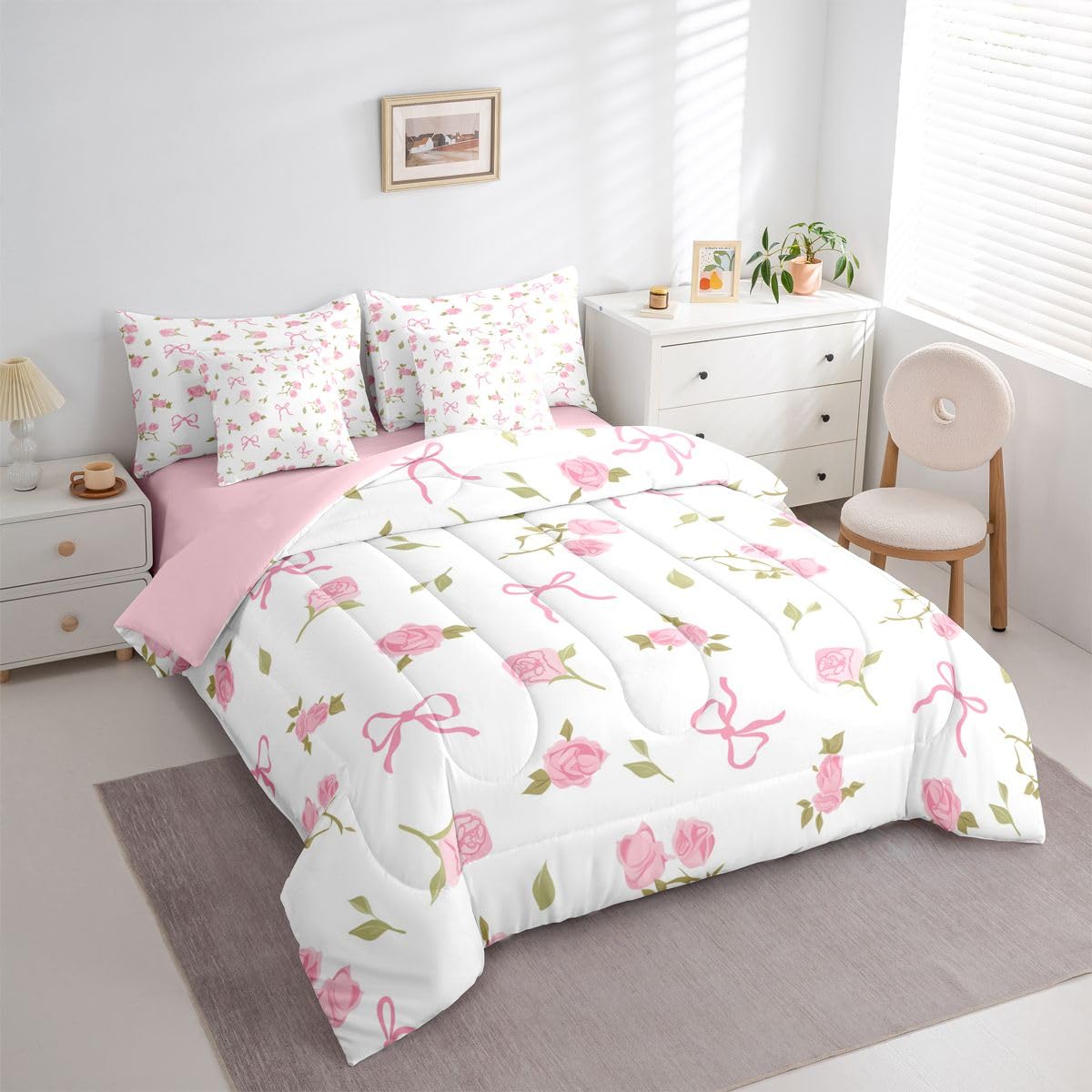 Erosebridal Pink Bowknot 7 Piece Bedding Set Full Size Rose Floral Bed in A Bag Coquette Bows Comforter with Sheets Princess Ballet Bow Bed Sets