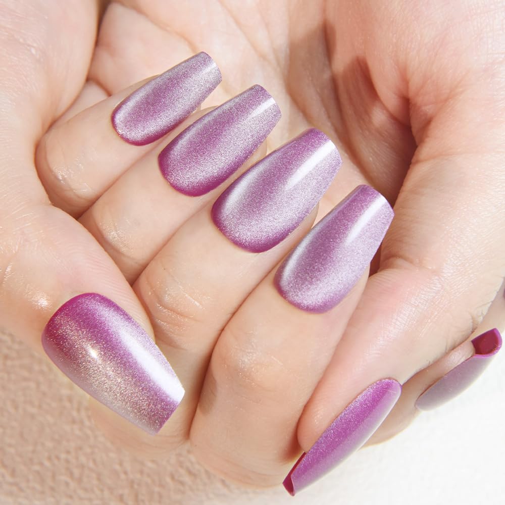 evpct Purple Cat Eye Coffin Press on Nails Medium Square No Glue, Medium Square Stick on Nails for Women Gift, Lavender Purple Metallic Glitter Glossy Reusable Summer Press on Fake Nail with Designs