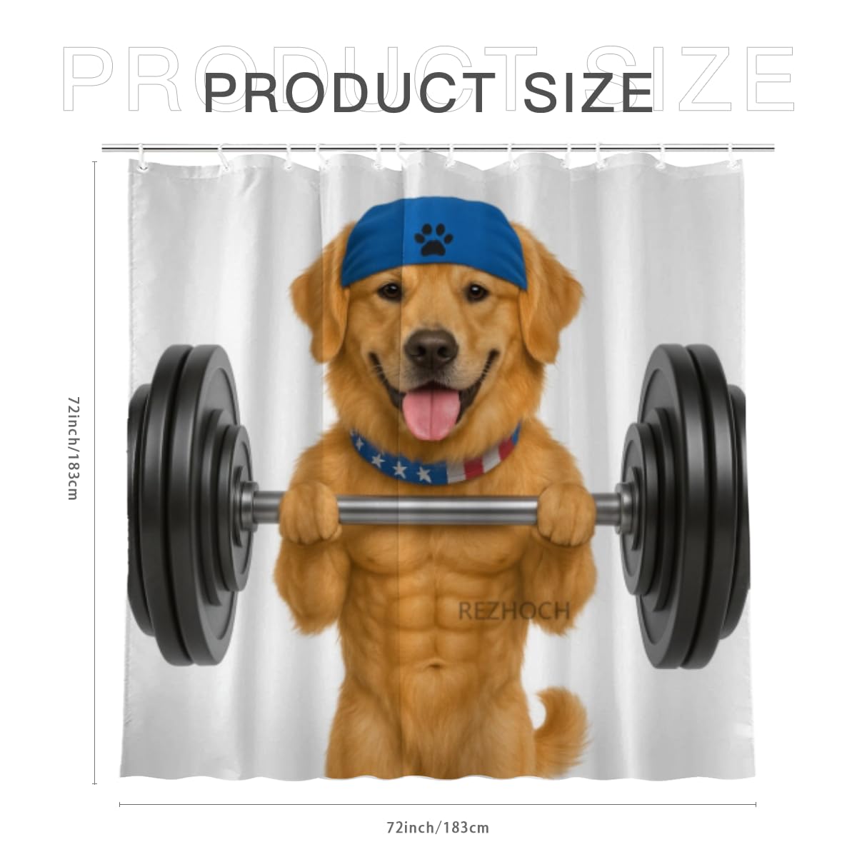 REZHOCH Funny Shower Curtain Golden Retriever Lifting Dumbbell Muscled Building Gym Humor Cloth Fabric Bathroom Decor Set with 12 Hooks 72" W x 72" L