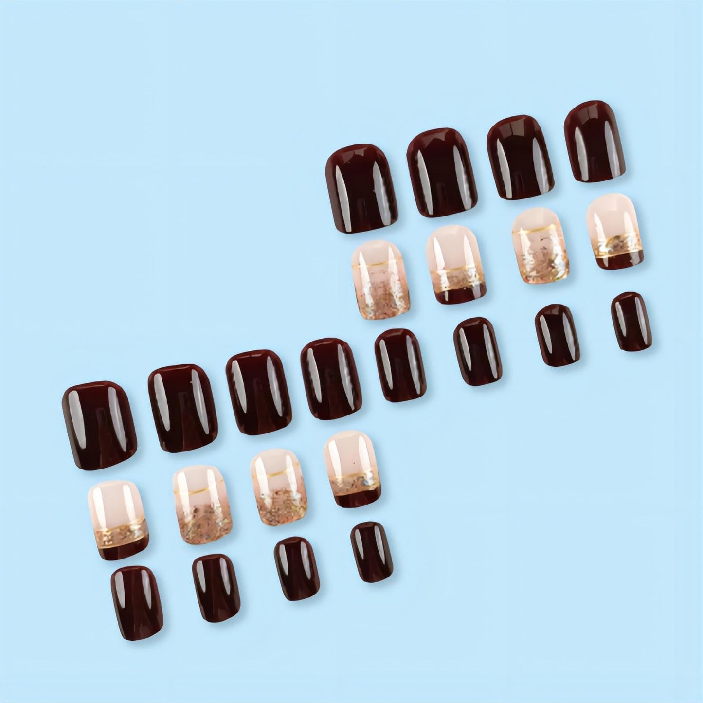 Rchovsam Brown Nails Press Ons Short Square Press on Nails French Tip Brown Design Fake Nails Sparkly Stick on Nails Full Cover Acrylic Gel False Nails Kit Gift for Womens 24pcs