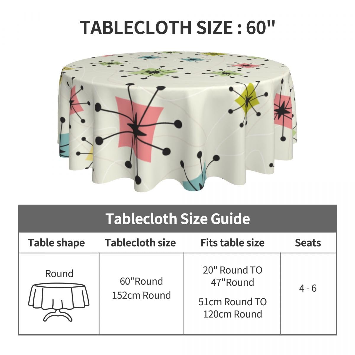 bassyil Retro Mid Century Tablecloth Round Table Cover Washable for Home Kitchen Dining Party 60 X 60 Inches