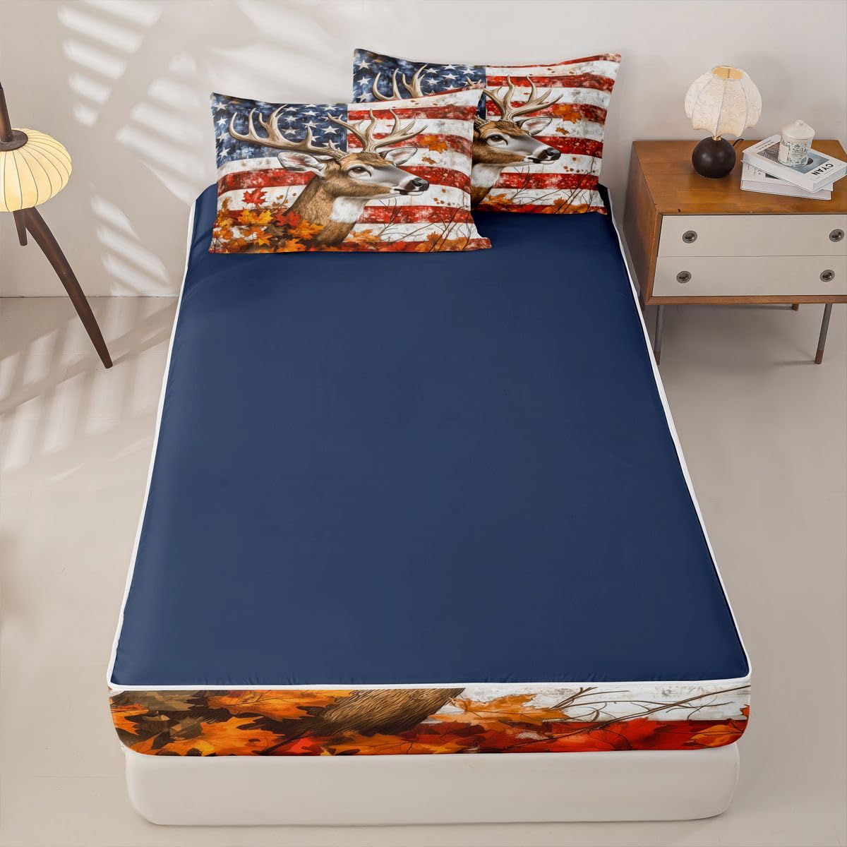 Feelyou Cute Deer Zipper Bedding Twin American Flag Zipper Bedding Sets for Kids Boys Girls Antlers Comforter Set with Fitted Sheet and 2 Pillowcases Bedroom Decor