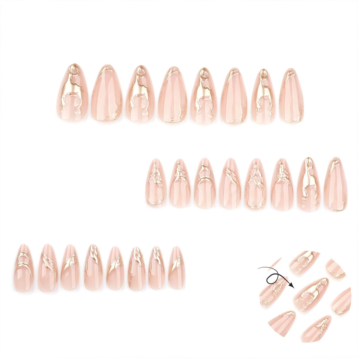 SINHOT Stiletto Glue on Nails - Long, Almond Artificial Nails with Marble Ombre, 3D Gold Chrome Design - 24 pcs