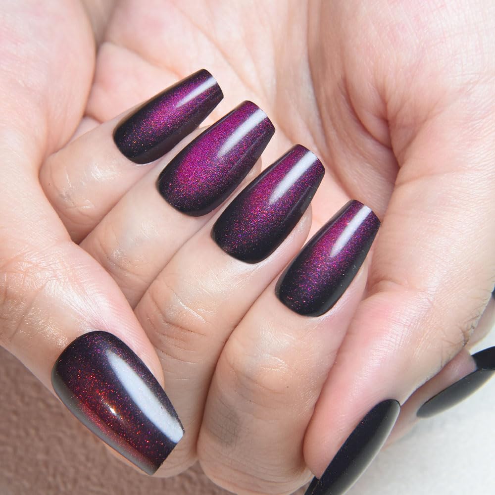 evpct Dark Purple Cat Eye Coffin Press on Nails Medium Square No Glue, Medium Square Stick on Nail for Women, Dark Purple Metallic Glitter Glossy Reusable Soft Press on Acrylic Fake Nail with Design