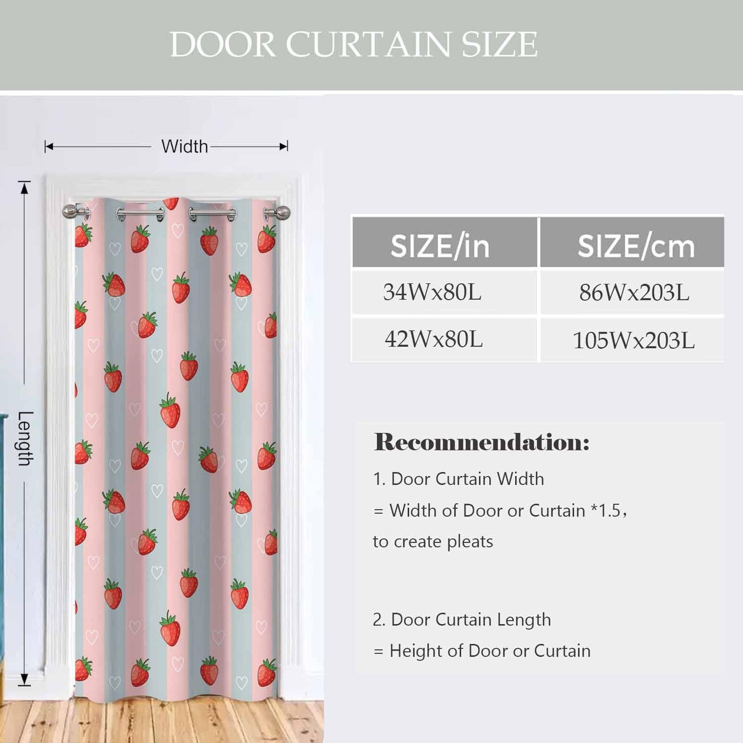 Haciadan Strawberry Doorway Curtains Pink Strawberry Fruit Summer 1 Panel 34" W X 80" L Door Drape for Kitchen Restaurant Bedroom Living Room