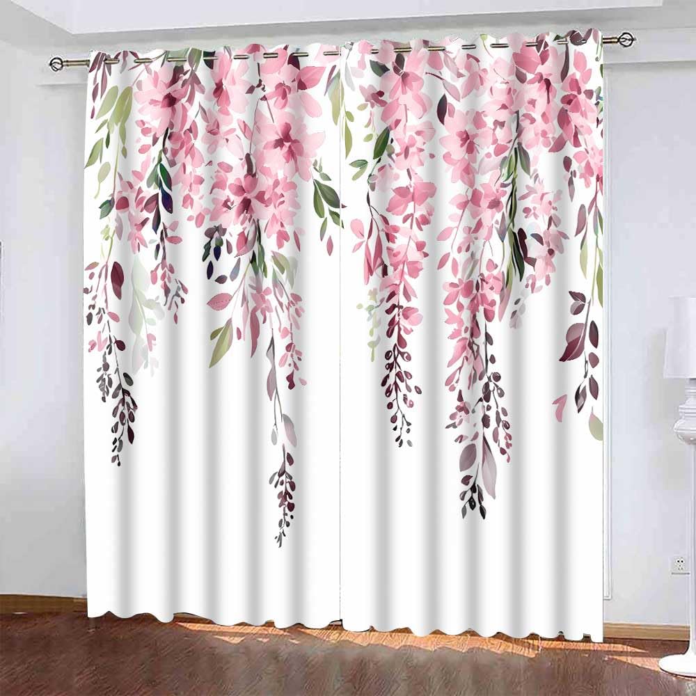 EOTDMS Pink Watercolor Floral Curtains 84 inches Long, Botanical Leaves Vine Flowers Rustic Farmhouse Curtains, Blackout Window Treatment Drapes for Bedroom Living Room 42x84inch, 2 Panels