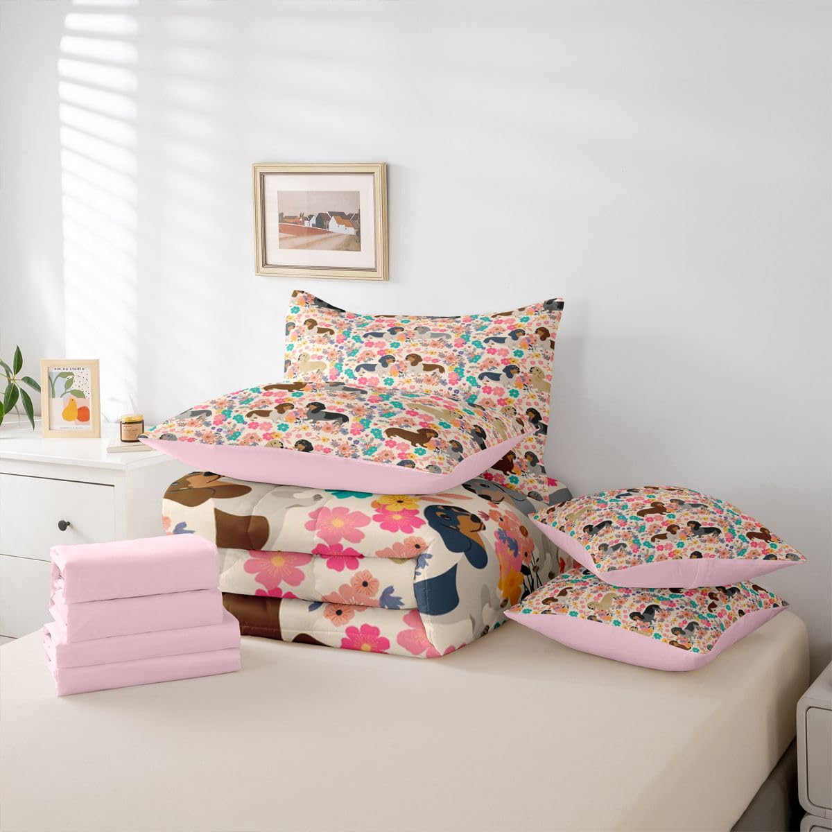 Dachshund Decor Pink Floral Queen Comforter Set with Sheets | Dachshund Gifts for Women Puppy 7 Piece Bedding Set Lovely Pup Dog Flowers Bed in a Bag, Dog Lover Cute Pet Doggy Animal Room Decor