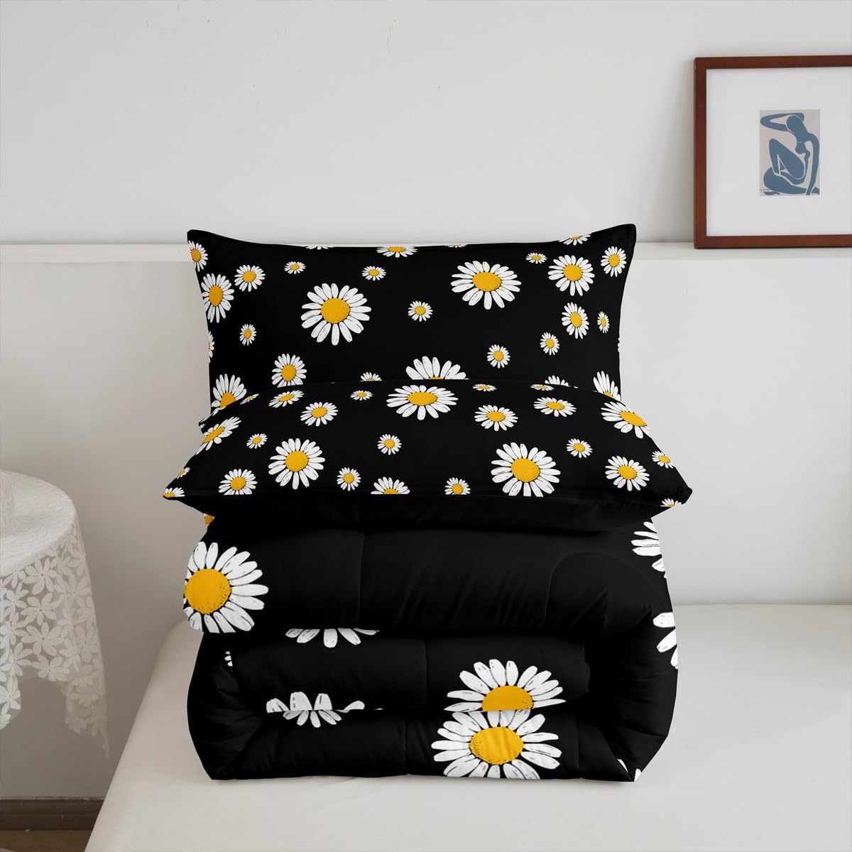 Erosebridal Daisy Comforter Sets Twin Size for Kids Girls Teens Women White Flower Down Comforter Rustic Floral Bedding Set Pastoral Country Style Duvet Sets with 1 Pillow Case Black