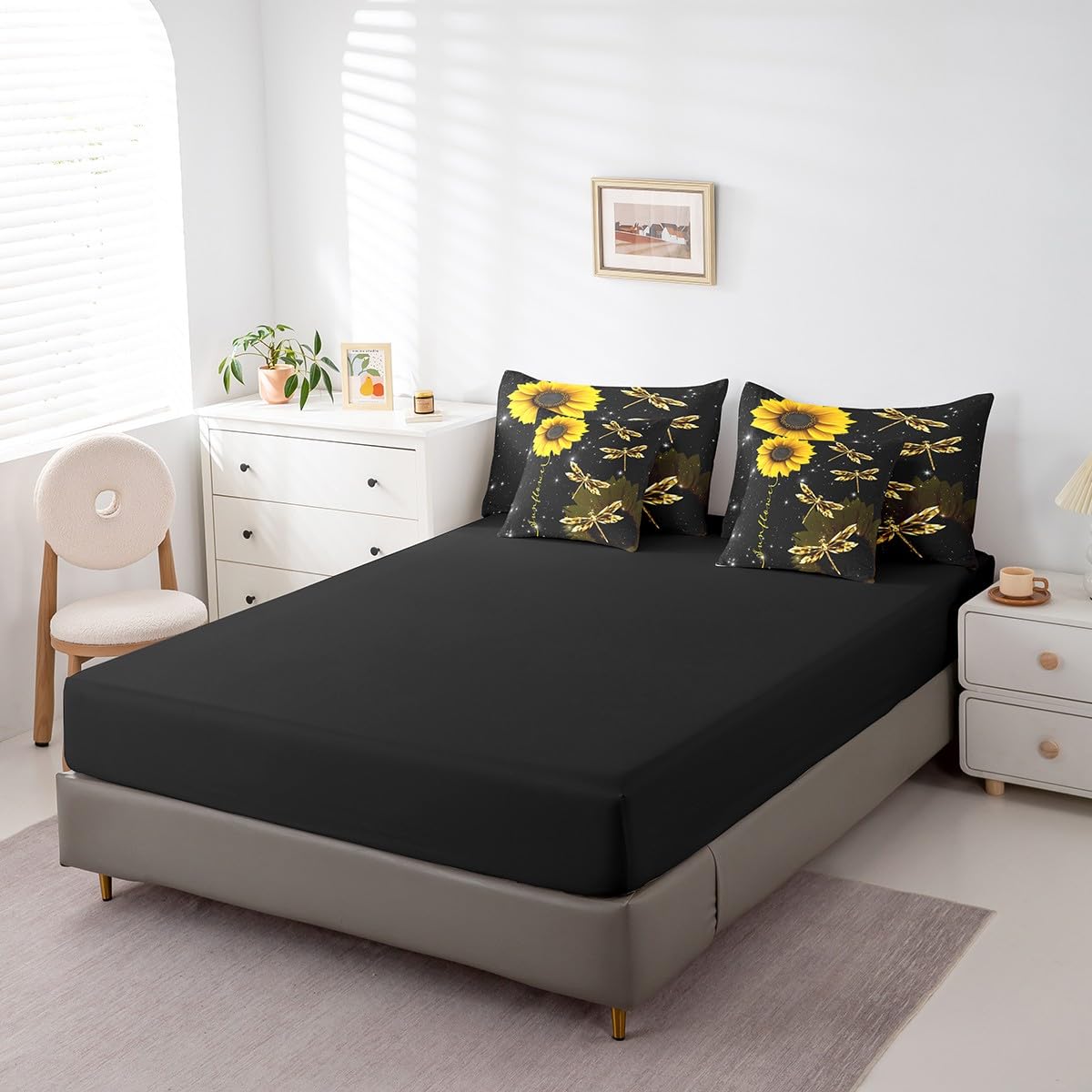 Erosebridal Sunflower 7 Piece Comforter Set Full Bed in a Bag,Gold Dragonfly Bedding Sets Glitter Starry Sky Galaxy Comforter and Sheet Set,Sunny Flower Rustic Aesthetic Animal Room Decor