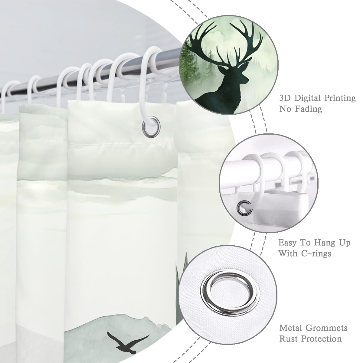 BIYSUC Misty Forest Deer Shower Curtain Nature Mountain Landscape Woodland Animal Bathroom Home Decor Waterproof Polyester Fabric 72Lx72W Inch with Hooks
