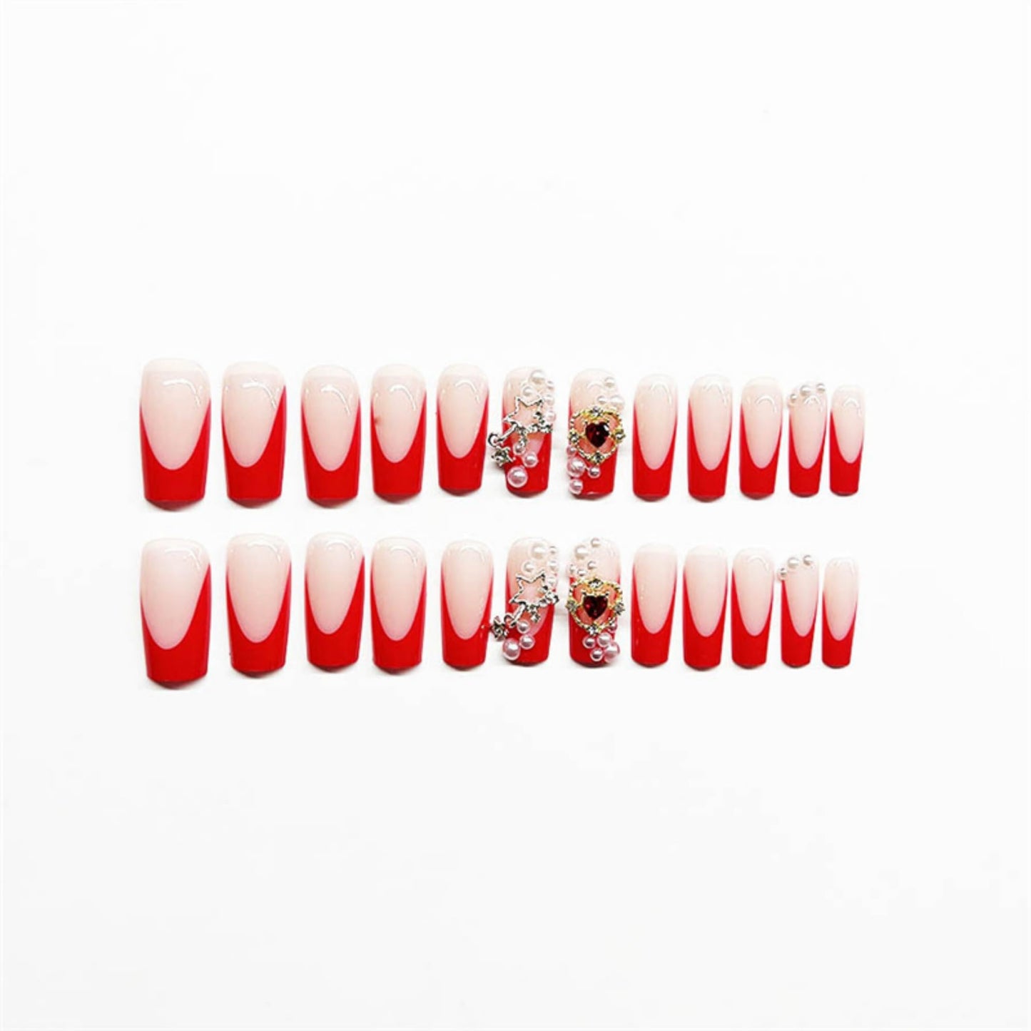 Long Press on Nails Square Fake Nails Red Artificial Nail Pearl and Silver Stars Designs Heart Stick on Nail for Women 24pcs