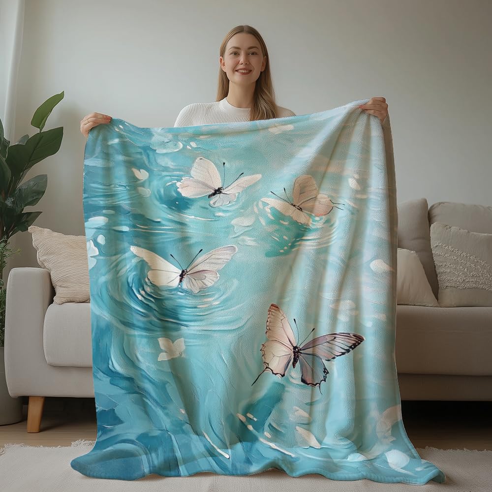 HUNXIAOJ Butterfly Print Throw Blanket Floral Butterfly Blanket Insect Throw Warm Soft Flannel for Adults Bed Sofa Couch (50 in x 60 in)