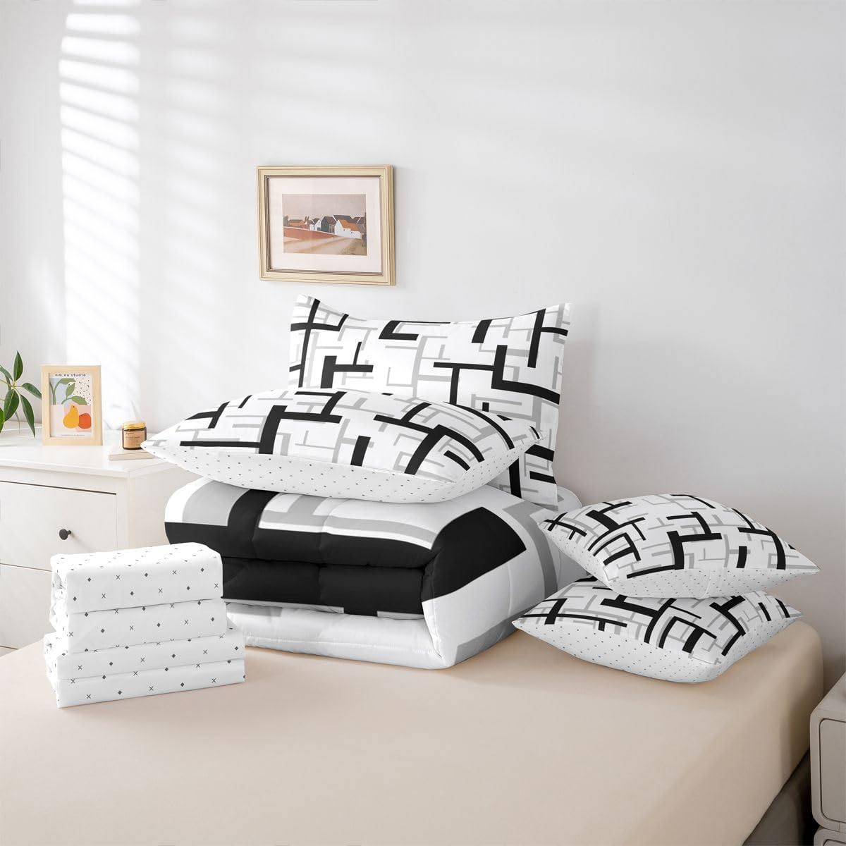 jejeloiu Geometric Comforter Set King Size 7 Pieces Black White Geometrical Bedding Set for Kids Boys Girls Stripe Line Bed in a Bag with Comforter, Sheets, Pillowcases, Cushion Covers Bedroom Decor