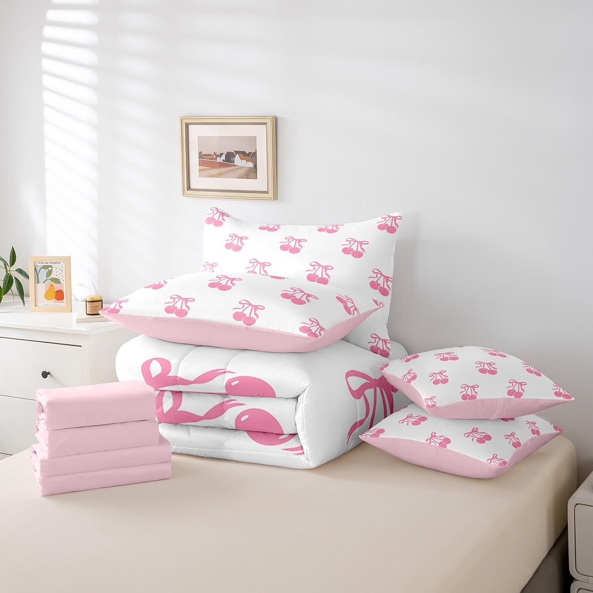 Erosebridal 7 Piece Pink Bowknot Kids Comforter Set King Bed in a Bag,Dreamy Princess Style Bedding Set for Girls Women Girlfriend,Girly Cherry Bows Sheet Set,Cartoon Bow Tie Duvet Insert