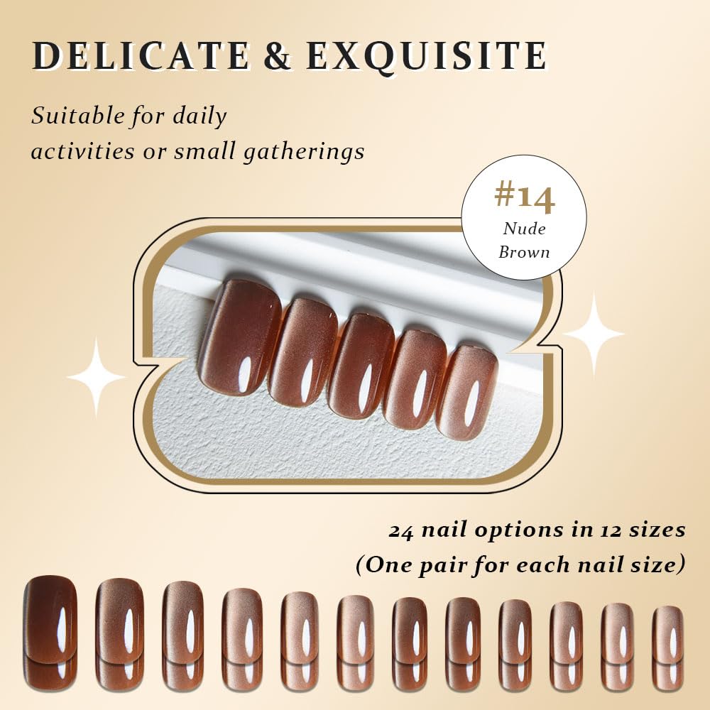 Nude Brown Cat Eye Press on Nails Medium Square, Medium Square Press Stick on Nails Chrome for Women Gift, Brown Holographic Glitter Glossy Reusable Soft Acrylic Fake Nail with Design Cateye Effect