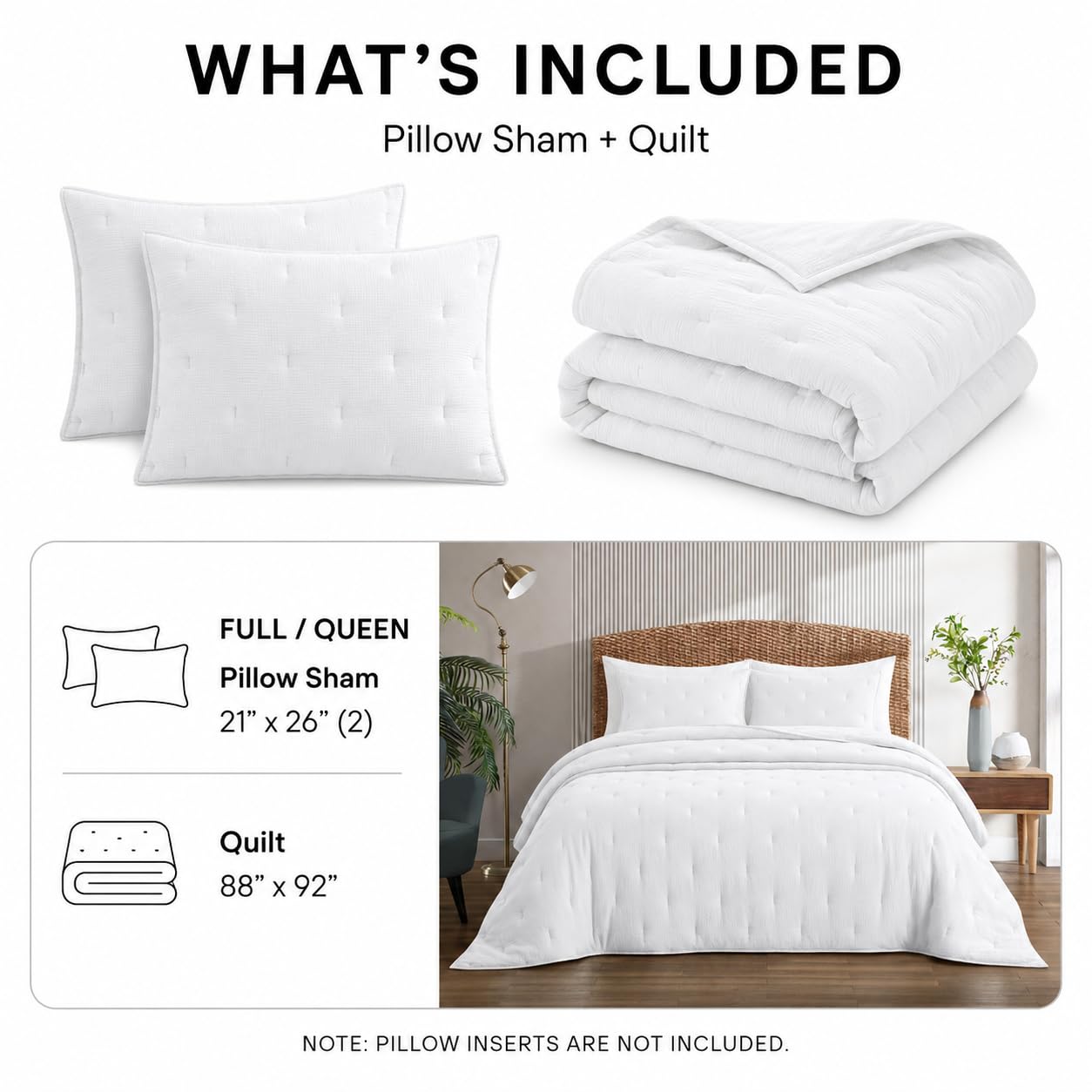 COZYXWORLD Pre-Washed 100% Cotton Muslin Gauze Comforter Set, 3 Piece Full/Queen Quilt Set, Duvet Insert with Corner Loops, 1" Line Quilted, White
