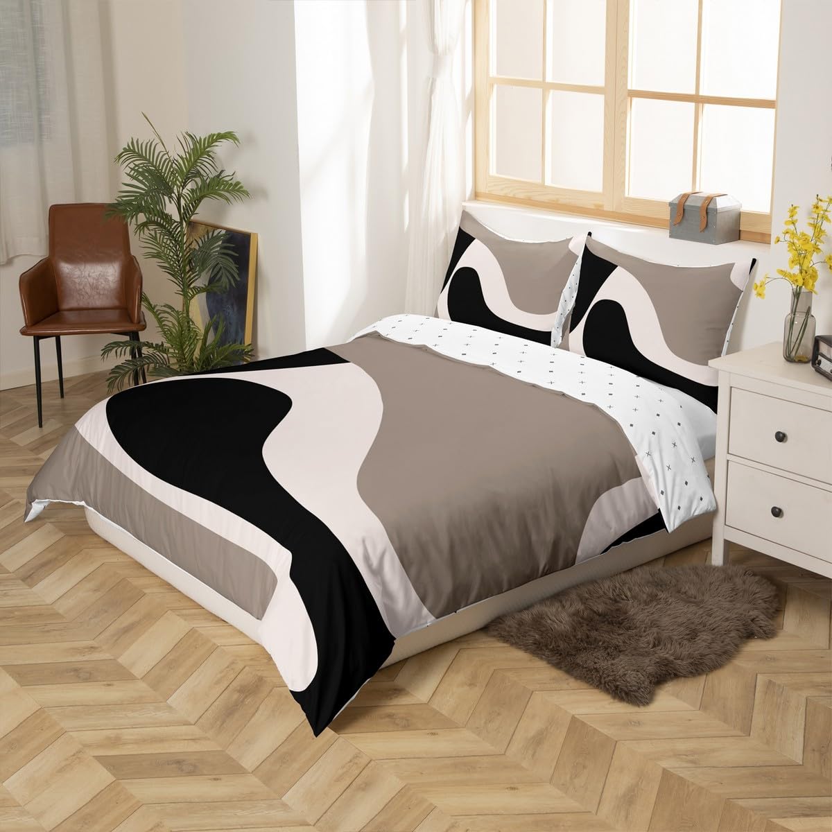 Erosebridal Black Beige Striped Duvet Cover King,Boho Modern Geometric Abstract Comforter Cover for Women Men Adults, Stripes Bold Lines Bedding Set,Minimalist Stylish Art Bed Set