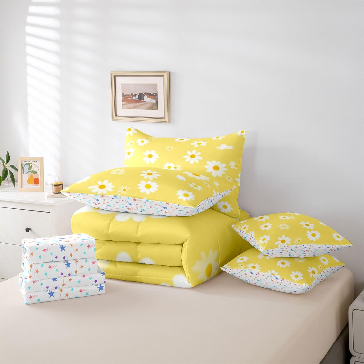 Erosebridal Cute Daisy 7 Pcs Bedding Set Twin Size for Teen Girls White Yellow Comforter Set with Sheets for Kids Women Groovy Floral Bed in A Bag Trendy Coquette Flower Bed Sets All Season