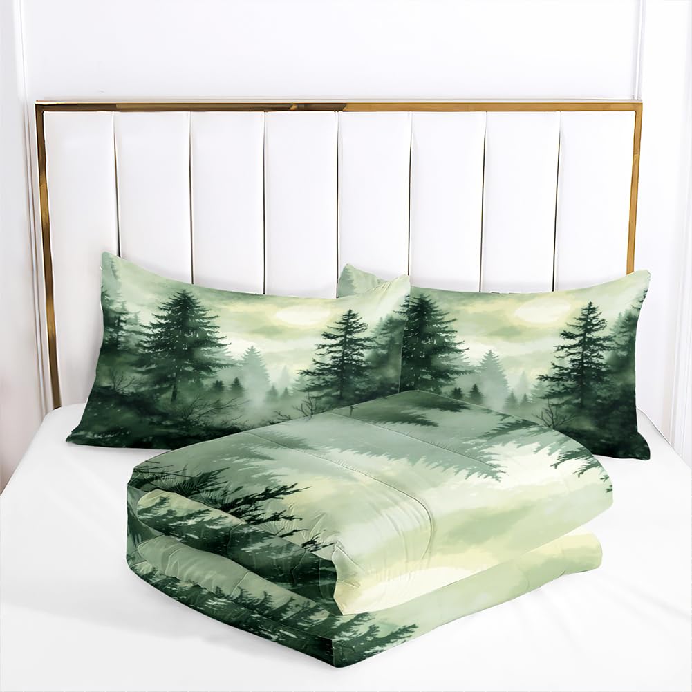 CCoutueChen Olive Green Botanical Comforter Set King Size Green Woodland Forest Tree Comforters Ombre Nature Landscape Bedding Set Army Green Pine Trees Bedding Ultra Soft Microfiber