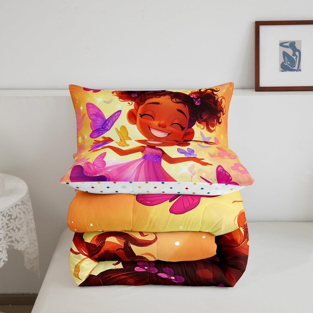 Erosebridal Black Girls Bedding Set Afro Girl Twin Comforter Set for Girls,American African Princess Magical Quilt for Toddler Kids Teenager,Dreamy Butterfly Kawaii Room Decor